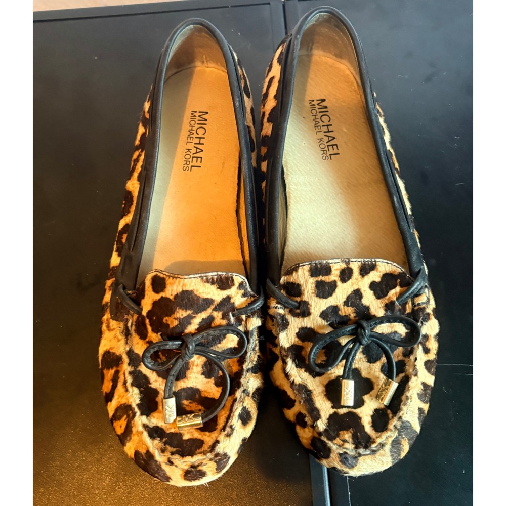 Michael Kors Leopard Haircalf Loafers Brown Tan Womens 7M MK Logo - Picture 2 of 5